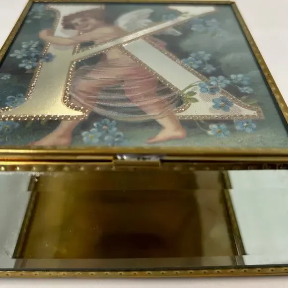 Beveled Glass Jewelry Trinket Box Victorian Style Angel Flowers Monogram K